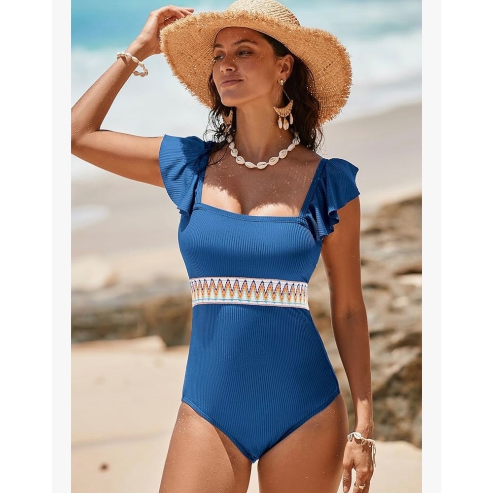 Ruffled One Piece Swimsuit Color Block Trim‎ Square Neckline Blue size XL